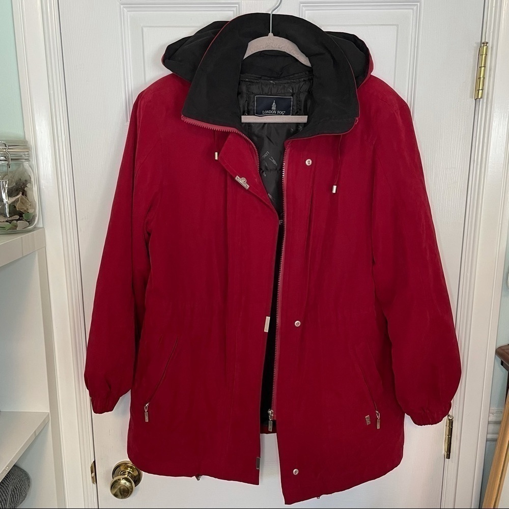 LONDON Fog Red & Black Warm Hooded Coat Medium petite